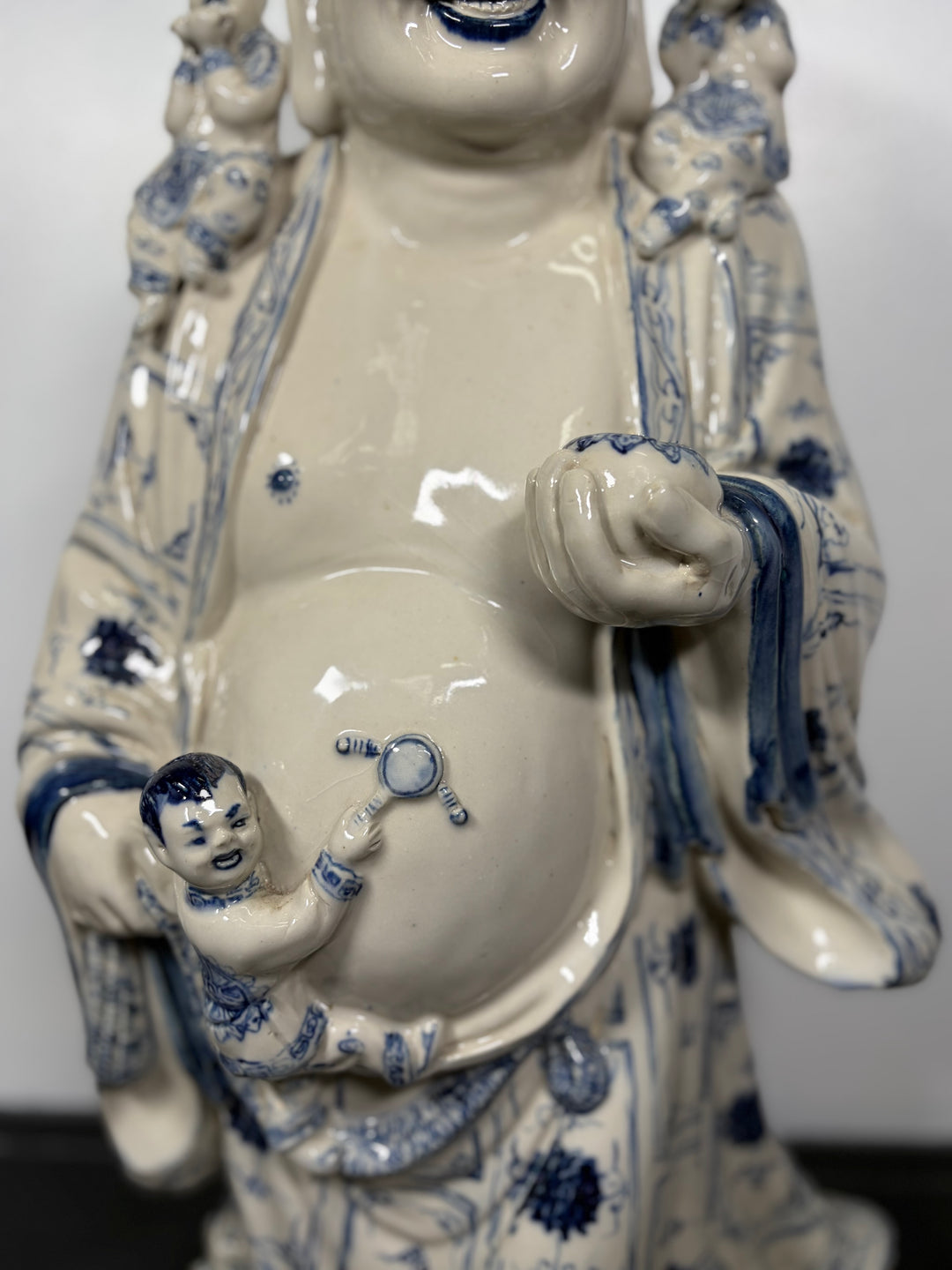 Large Blue & White Porcelain Laughing Buddha Figure with Children