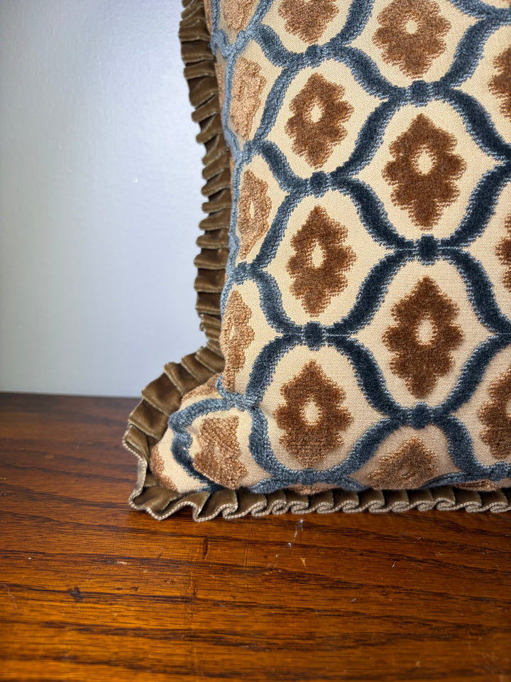 Geometric Cut Velvet Decorative Pillow with Pleated Trim