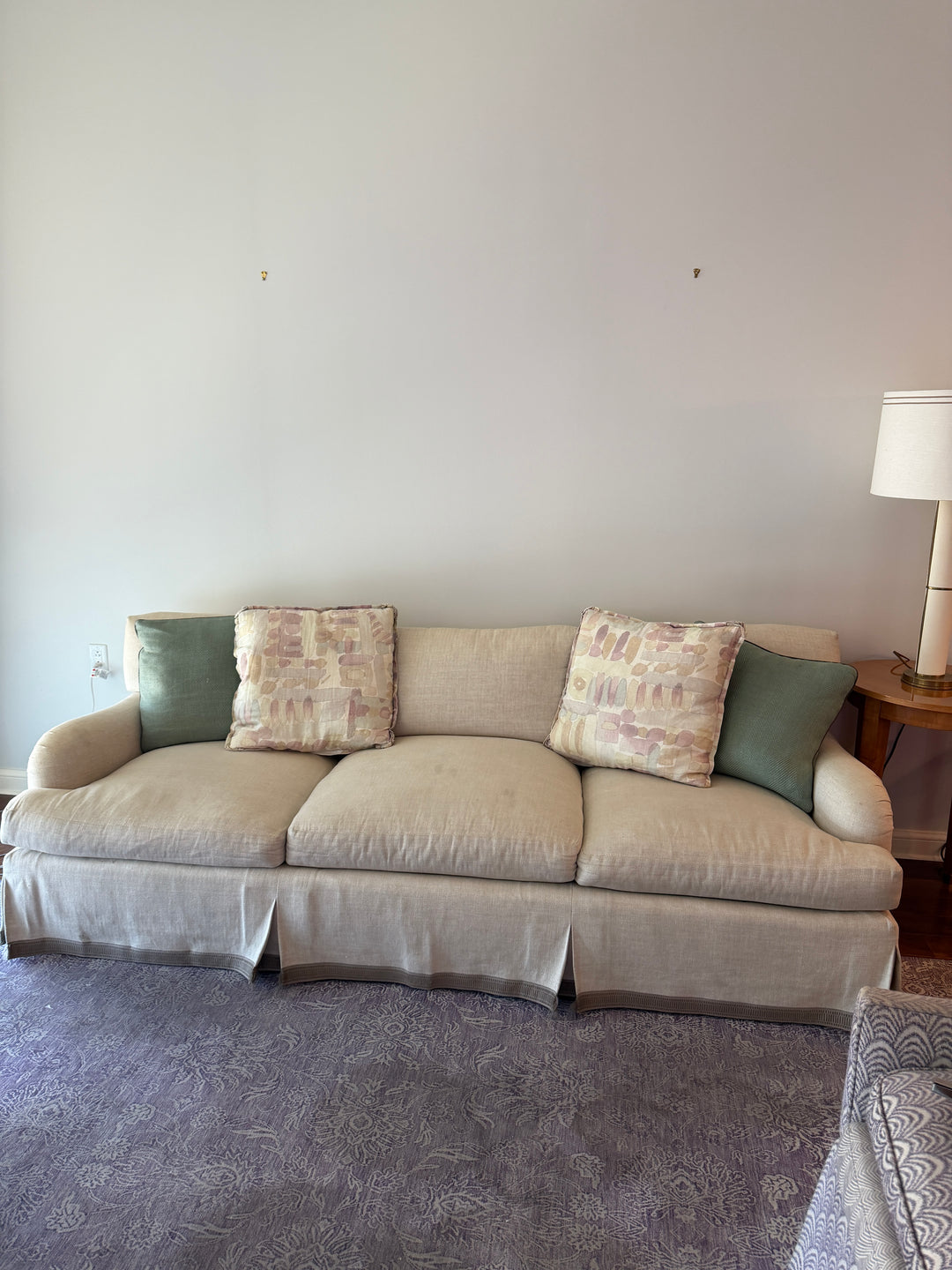 Three-Seat Skirted Sofa in Cream Woven Fabric