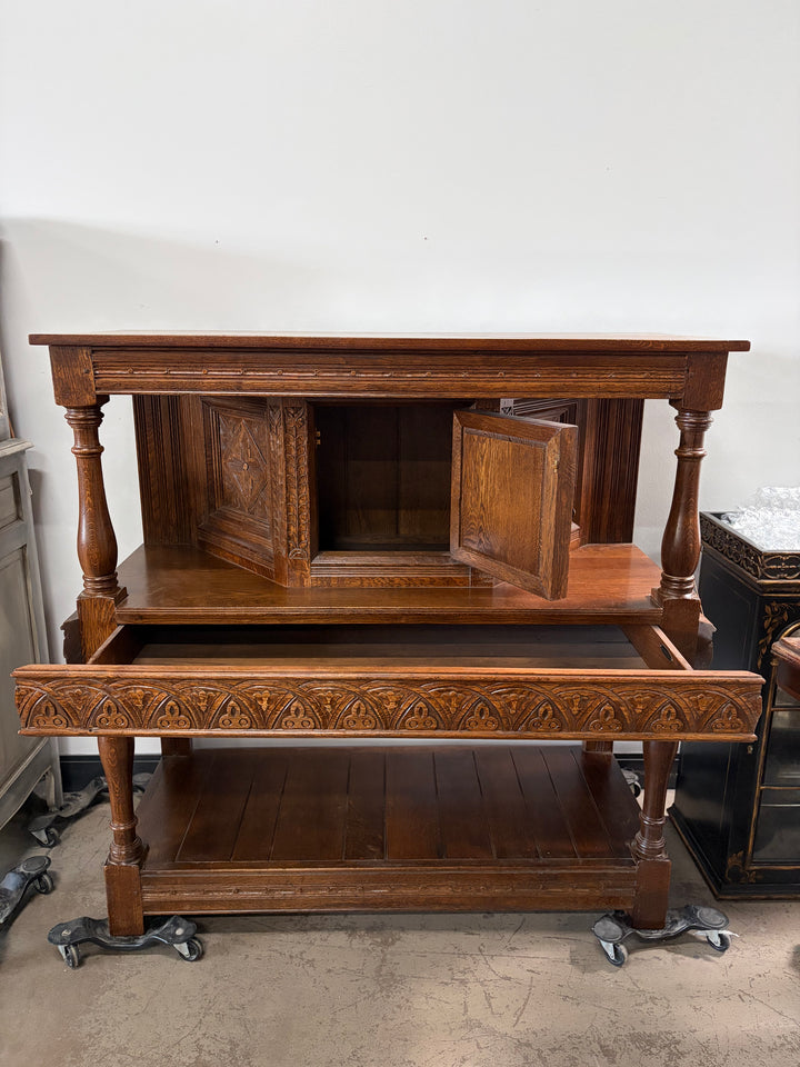 Taylor & Co England Carved Oak Gothic-Style Sideboard/Buffet