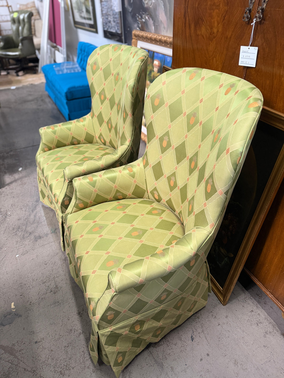 Pair of Green Upholstered Arm Chairs with Pineapple/Green Fabric
