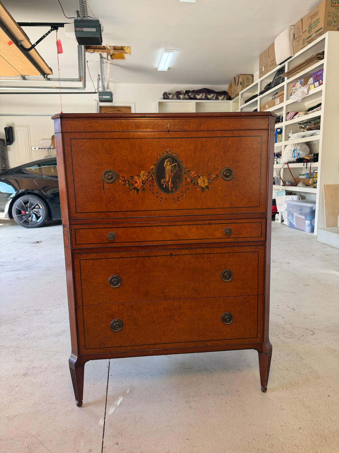 19th Century Hand-Painted Satin Wood Secretary Desk and Dresser