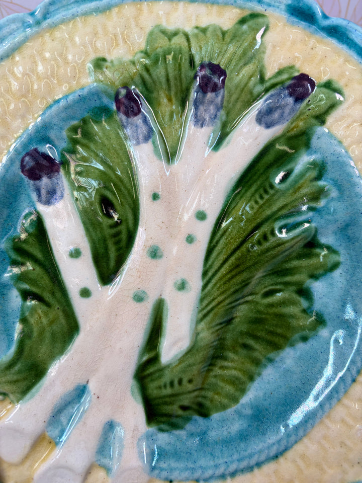 Set of Four Majolica Asparagus Plates with Sauce Well