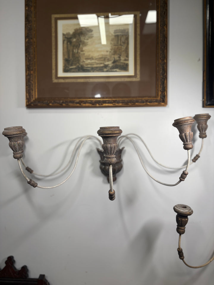 Pair of 5-Arm Wall Sconces – White Wash Distressed Finish