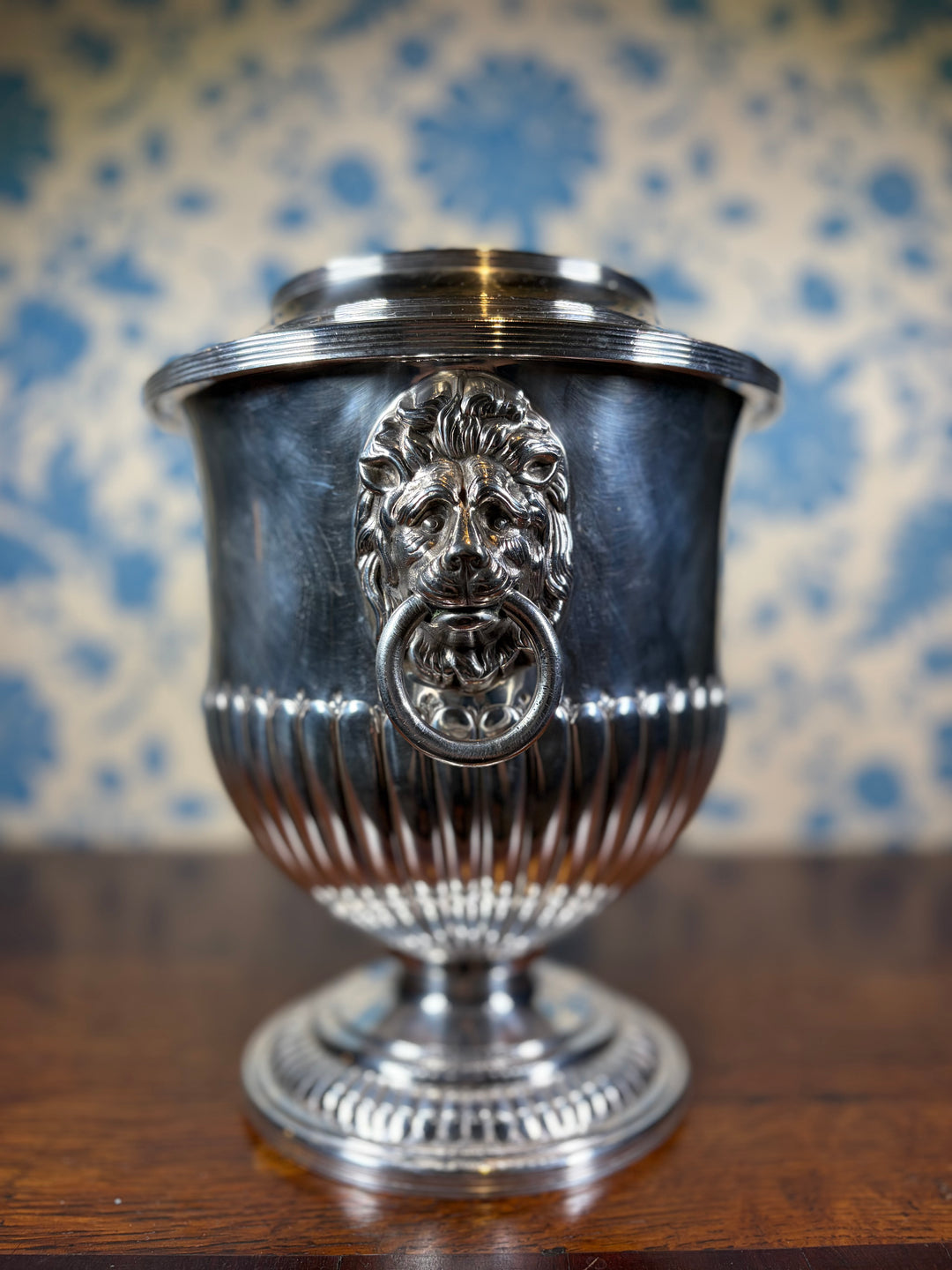 Vintage Sheffield Silver Plate Champagne Bucket with Lion Handles "Fidei Tenax"