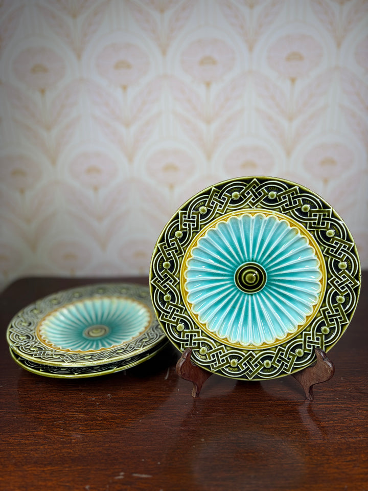 Set of Three Majolica-Style Ceramic Plates with Celtic Knotwork Border