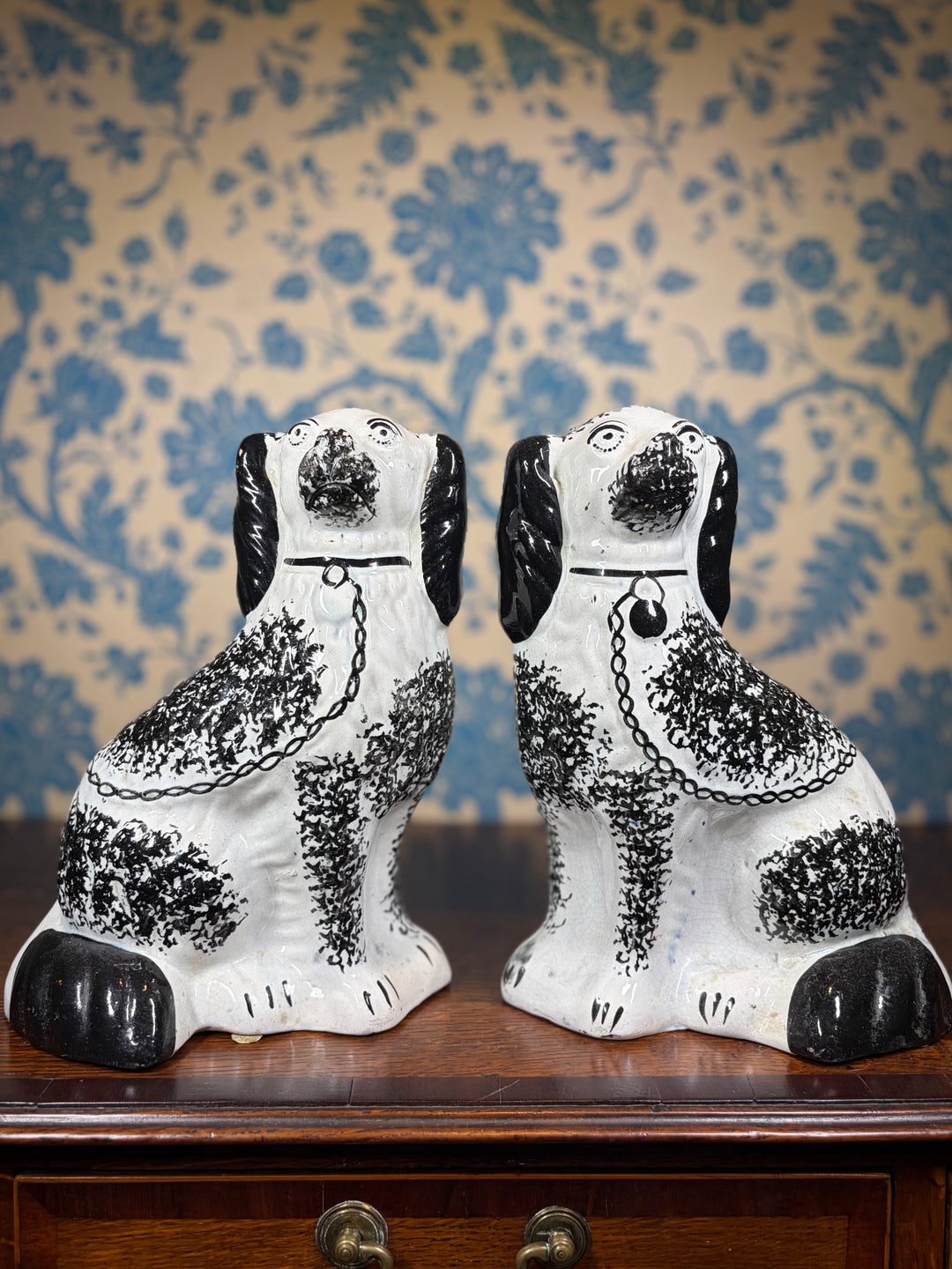 Pair of Antique Black and White Staffordshire Dogs
