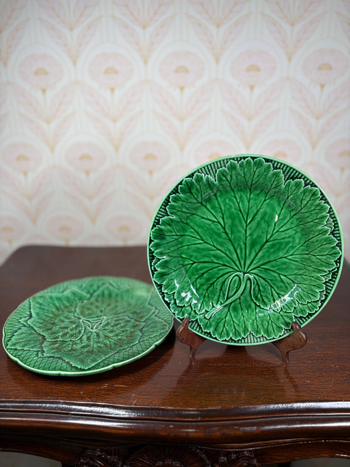 Pair of Green Majolica Leaf Pattern Plates