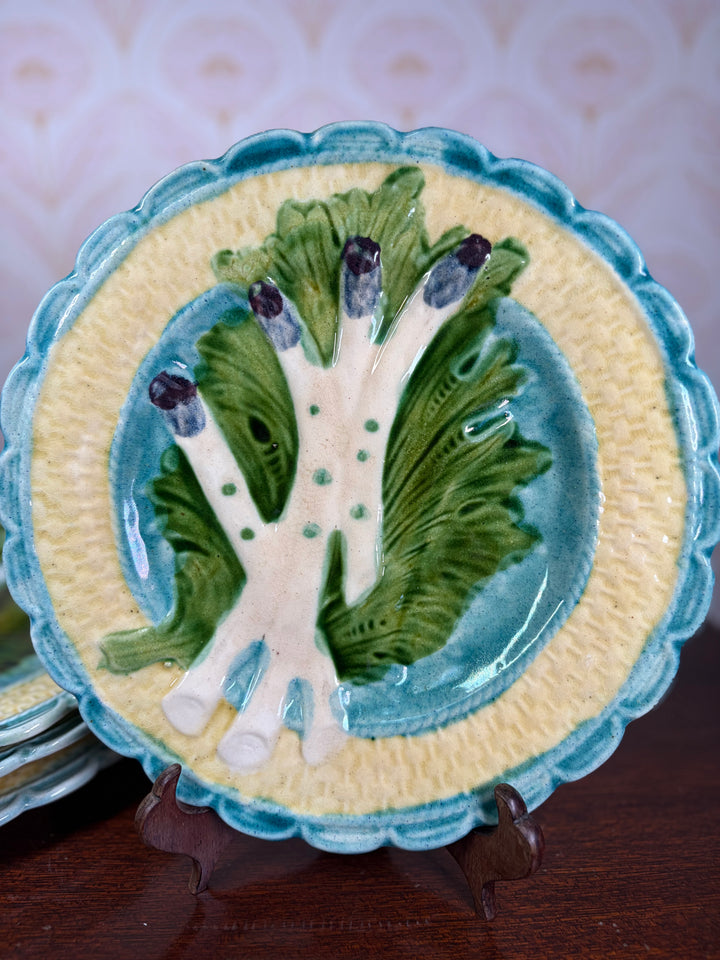 Set of Four Majolica Asparagus Plates with Sauce Well