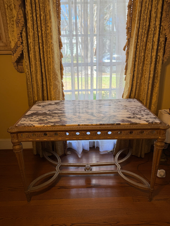 French Louis XVI Style Gilt Wood Marble Top Table