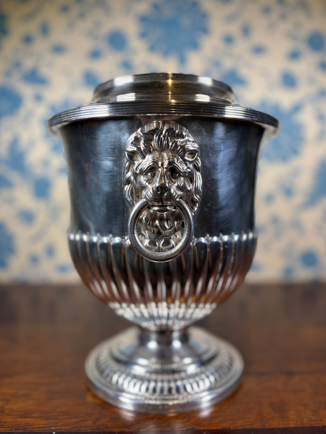 Vintage Sheffield Silver Plate Champagne Bucket with Lion Handles "Fidei Tenax"