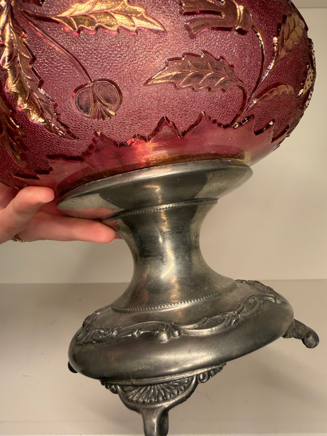 Cranberry and Gold Hand Painted Glass Bowl