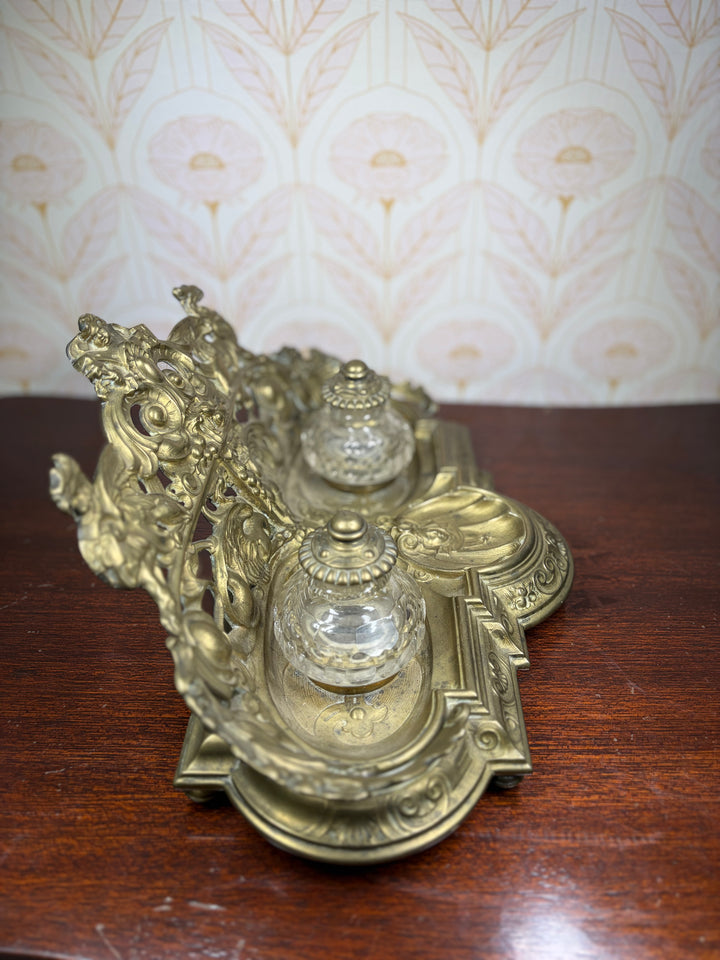 Ornate Gilt Brass Double Inkwell Desk Stand
