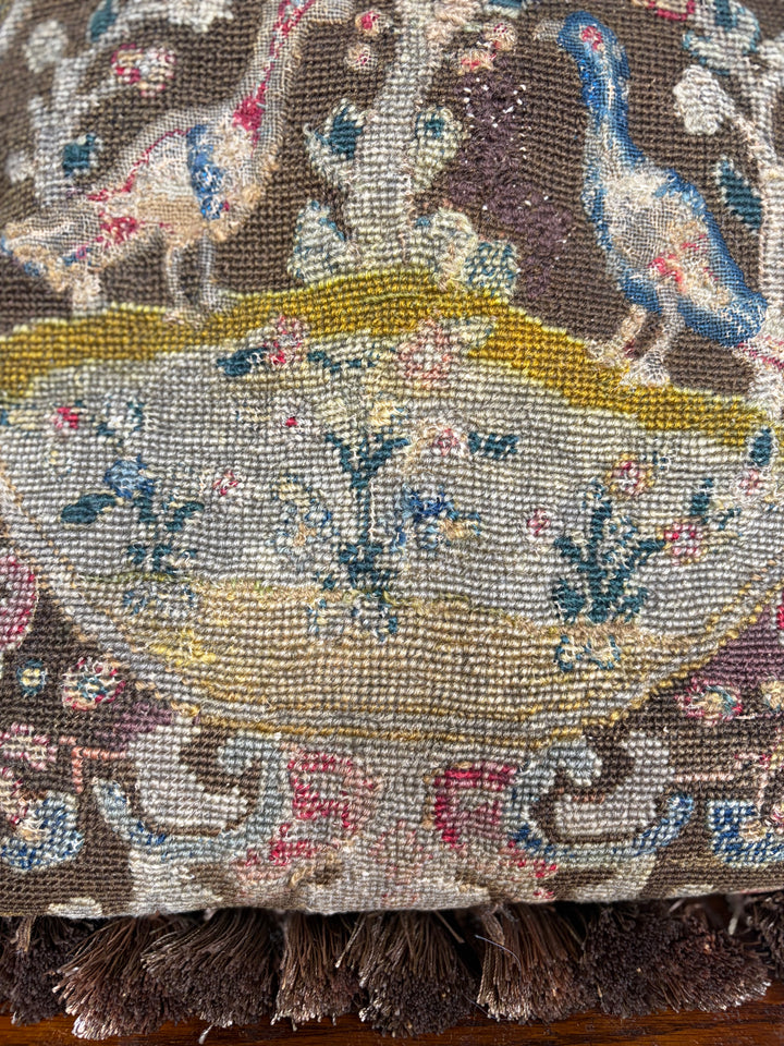 Needlepoint Tapestry Pillow with Birds and Floral Medallion