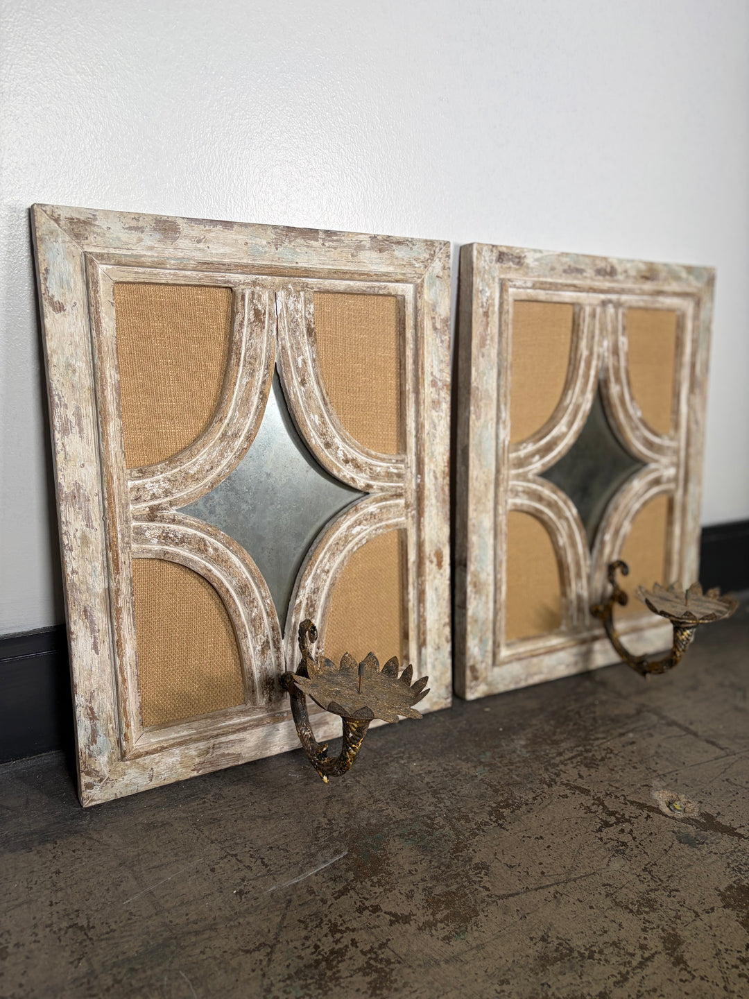 Pair of Distressed Wood Wall Candle Sconces with Burlap Panels
