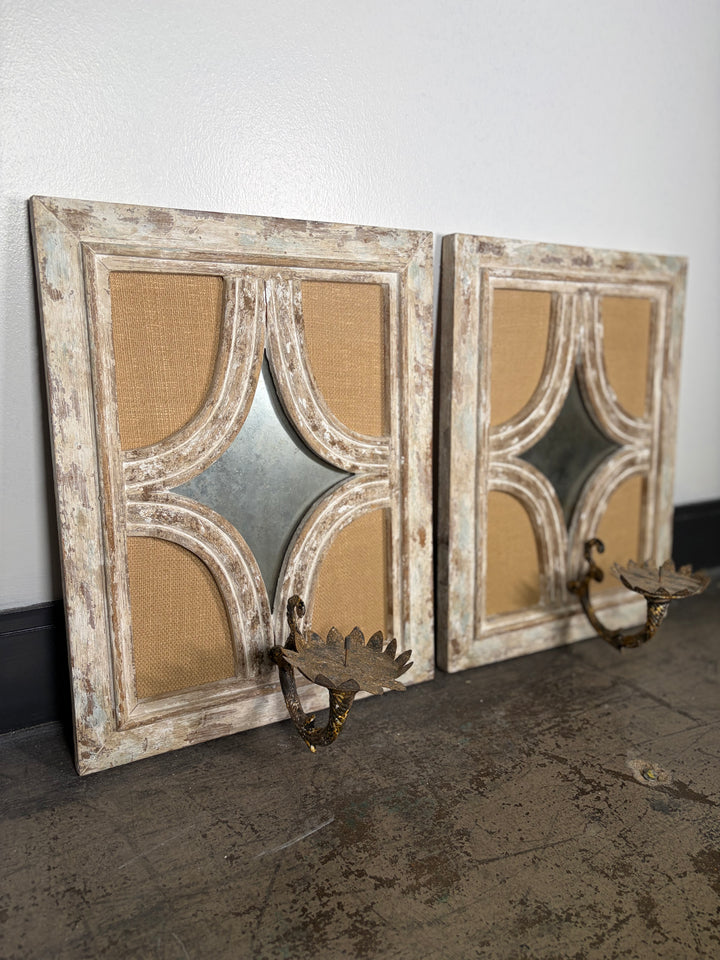 Pair of Distressed Wood Wall Candle Sconces with Burlap Panels