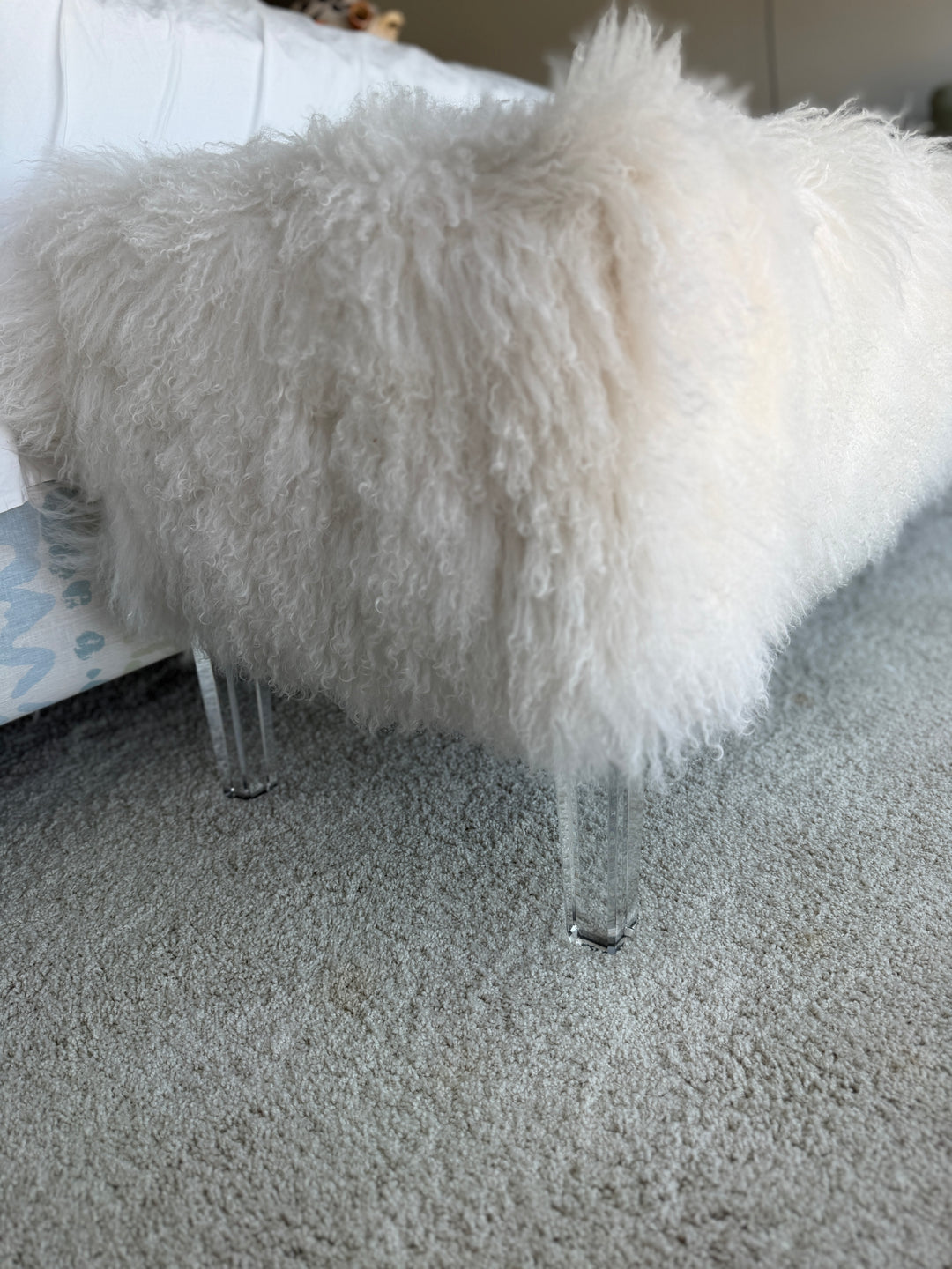 Mongolian Lamb Fur Bench with Lucite Legs