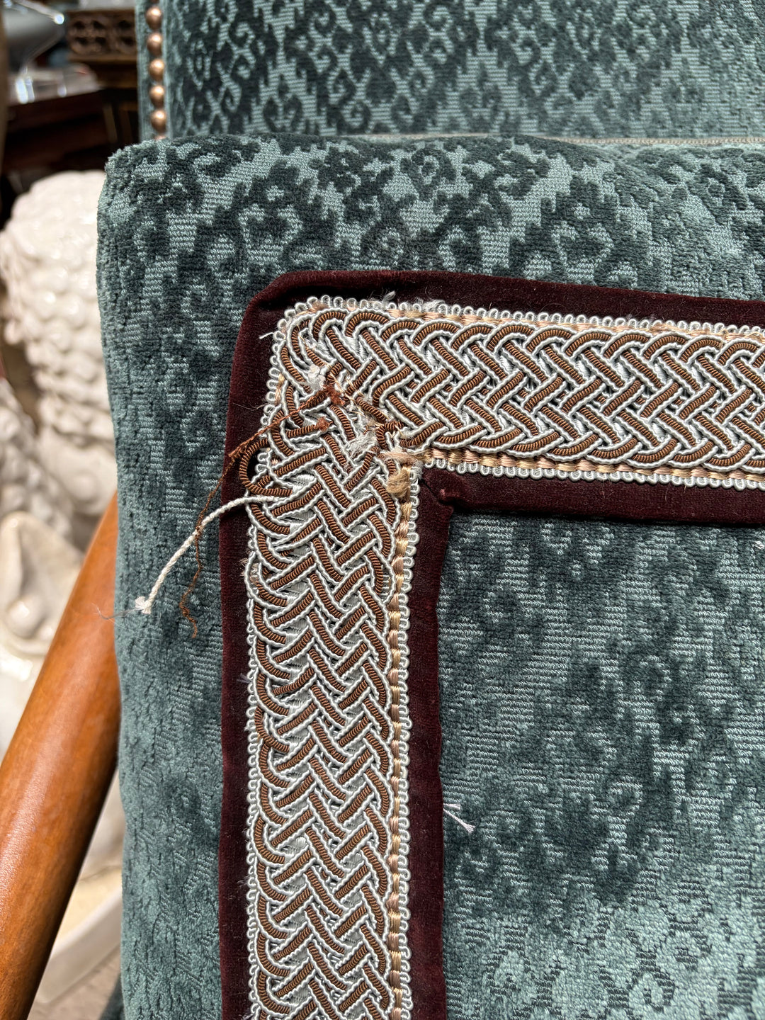 Pair of French Provincial Carved Walnut Armchairs with Teal Velvet Upholstery