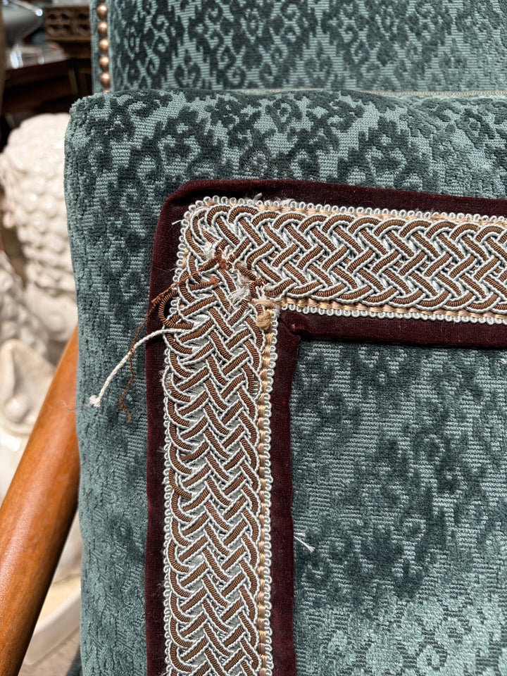 Pair of French Provincial Carved Walnut Armchairs with Teal Velvet Upholstery