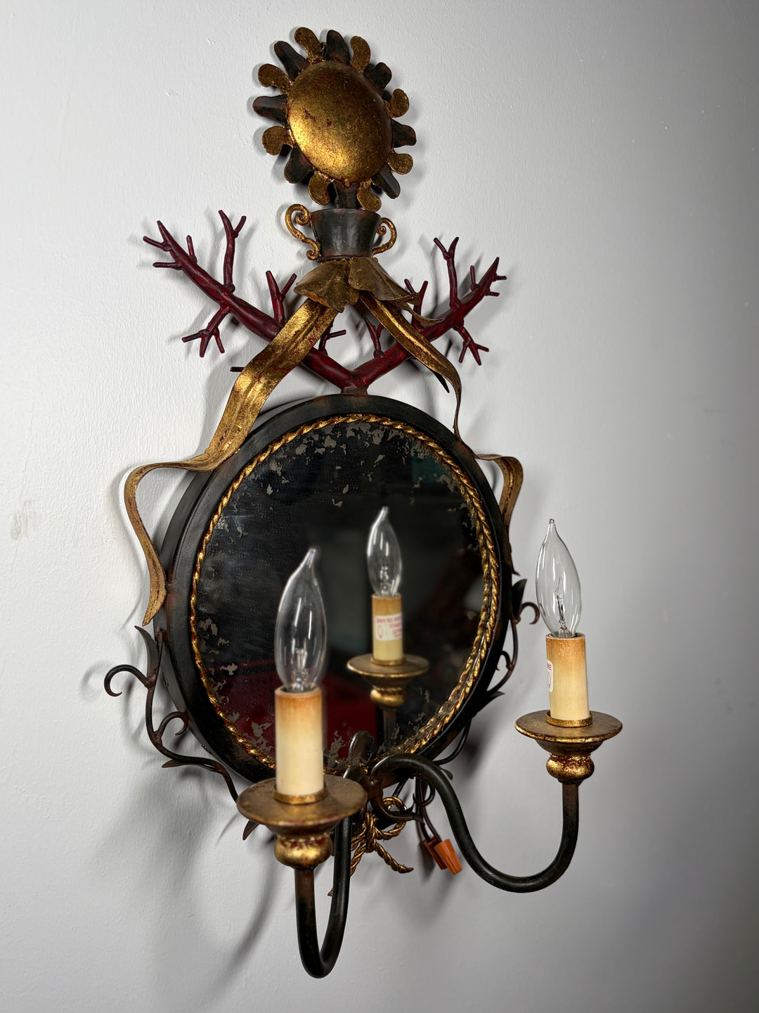Vintage Two-Light Wall Sconce with Round Mirror and Decorative Ironwork