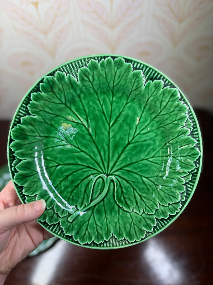 Pair of Green Majolica Leaf Pattern Plates