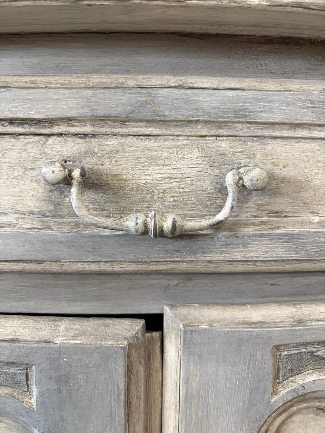 French Provincial Gray-Washed Wood Buffet with Hutch Top