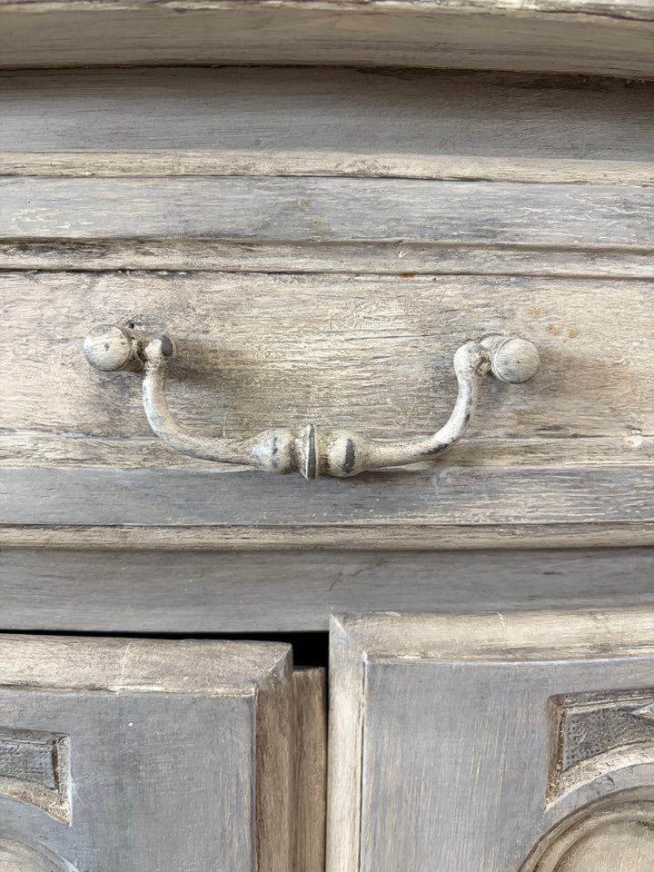 French Provincial Gray-Washed Wood Buffet with Hutch Top