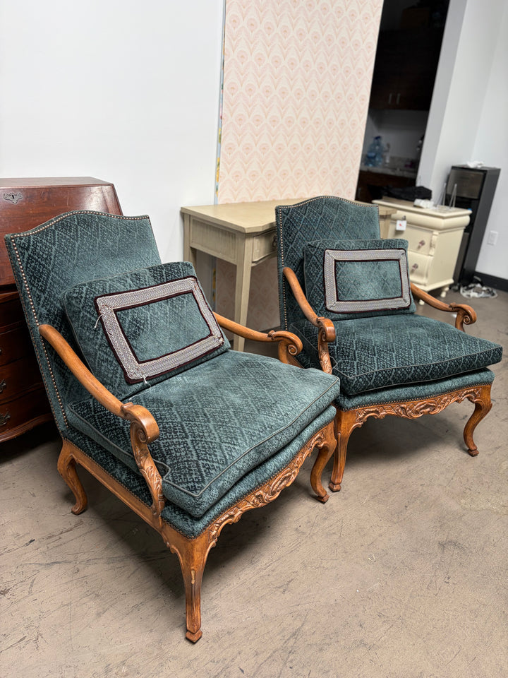Pair of French Provincial Carved Walnut Armchairs with Teal Velvet Upholstery
