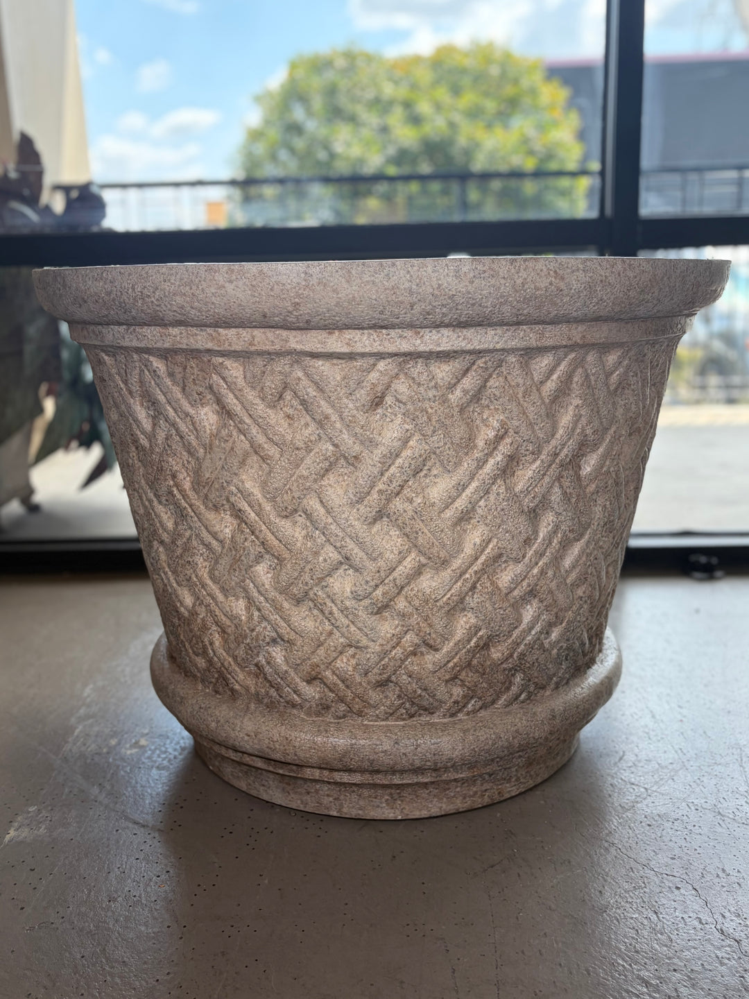Large Stone-Finish Planter with Basketweave Relief