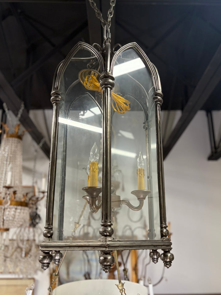 Large Gothic-Style Dark Metal and Glass Pendant Lantern Chandelier