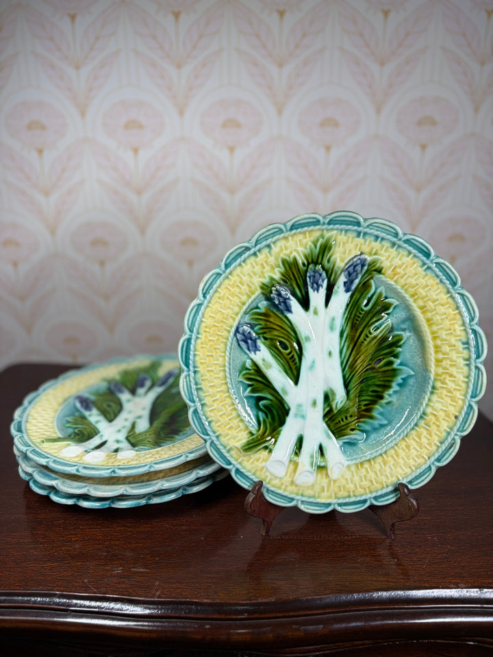 Set of Four Majolica Asparagus Plates with Sauce Well