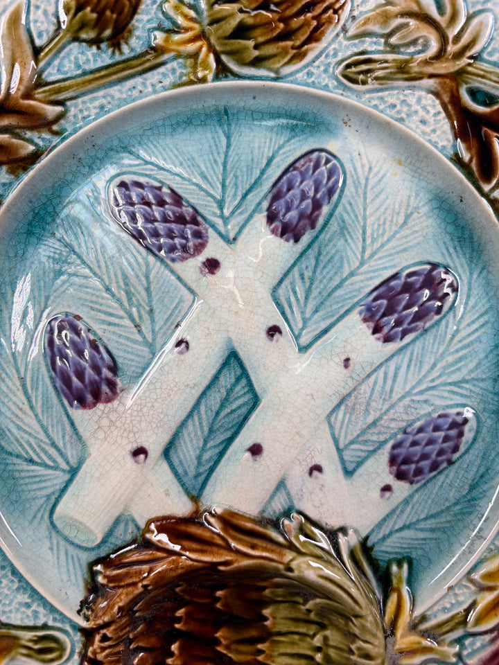 Majolica Asparagus and Artichoke Plate with Sauce Well