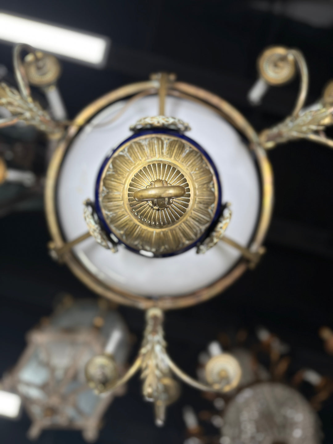 Neoclassical Brass and Cobalt Porcelain Chandelier with Opaline Glass Bowl