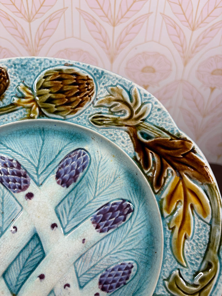 Majolica Asparagus and Artichoke Plate with Sauce Well