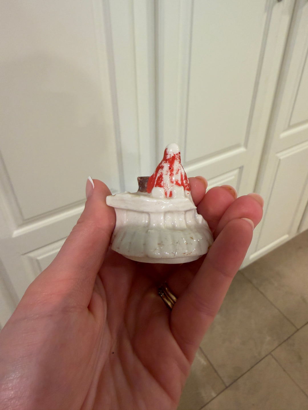 Miniature Porcelain Figural Trinket Box with Woman and Dog