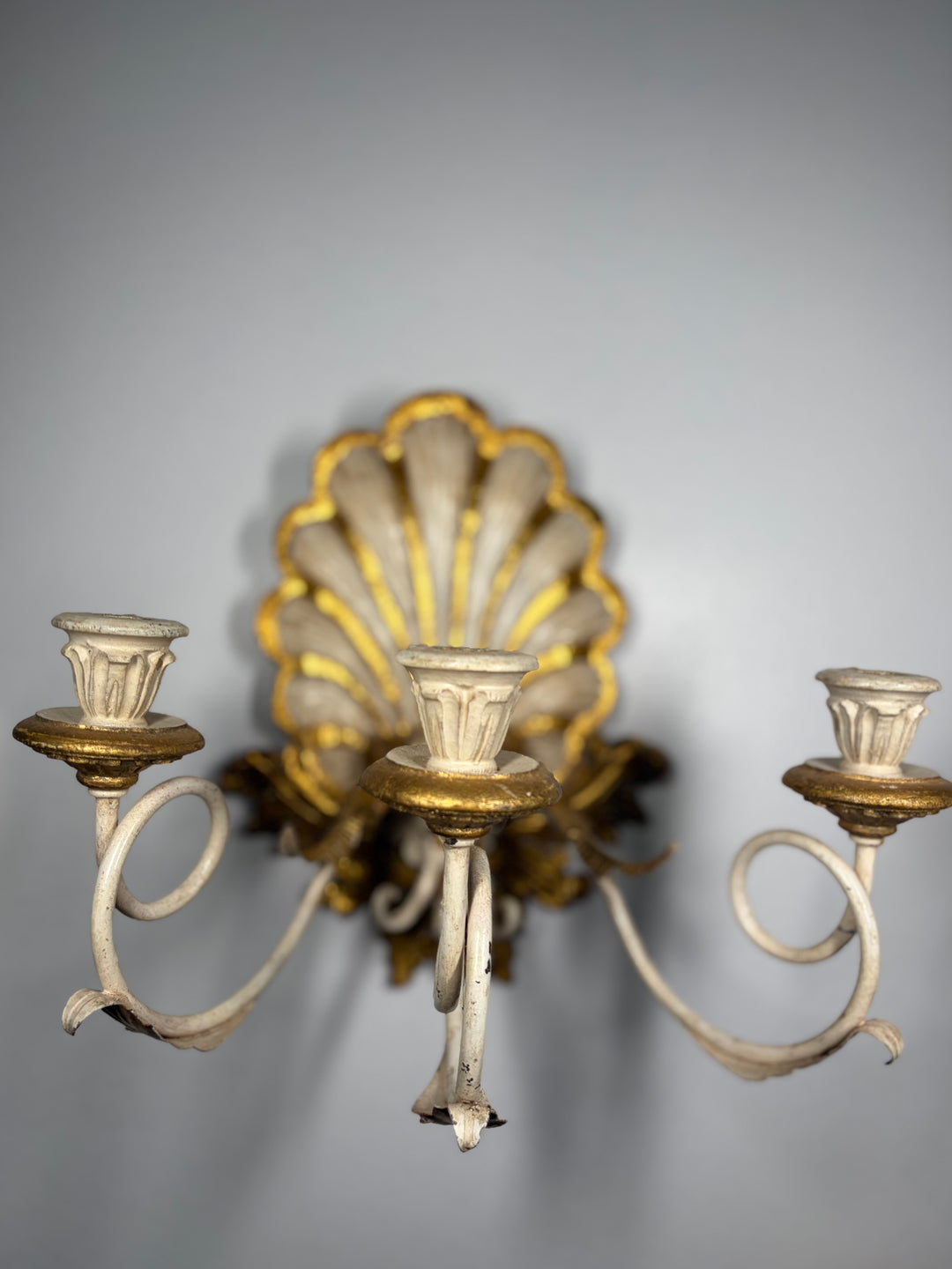 Antiqued Painted & Gilded Gold 3-Candle Wall Sconces