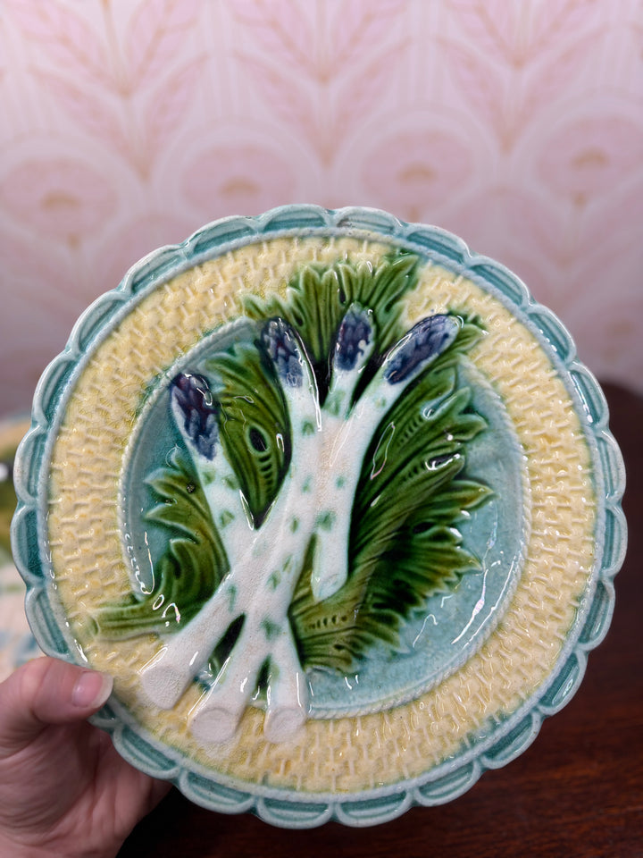 Set of Four Majolica Asparagus Plates with Sauce Well