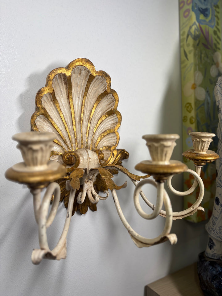 Antiqued Painted & Gilded Gold 3-Candle Wall Sconces