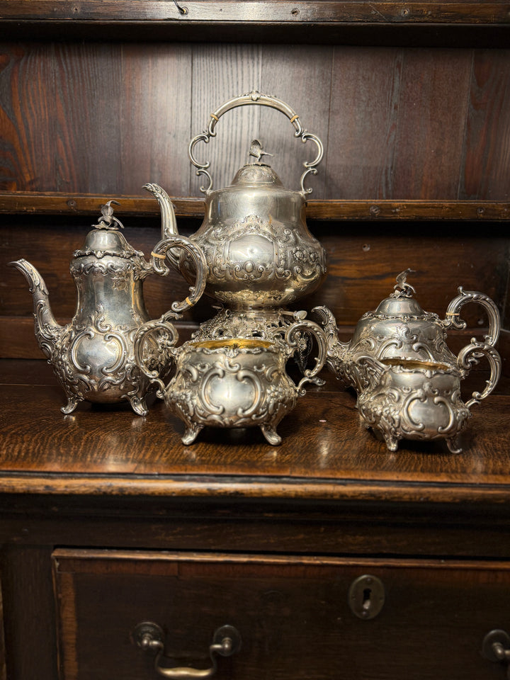 English Victorian Sterling Silver Tea & Coffee Service, Louis XV Pattern