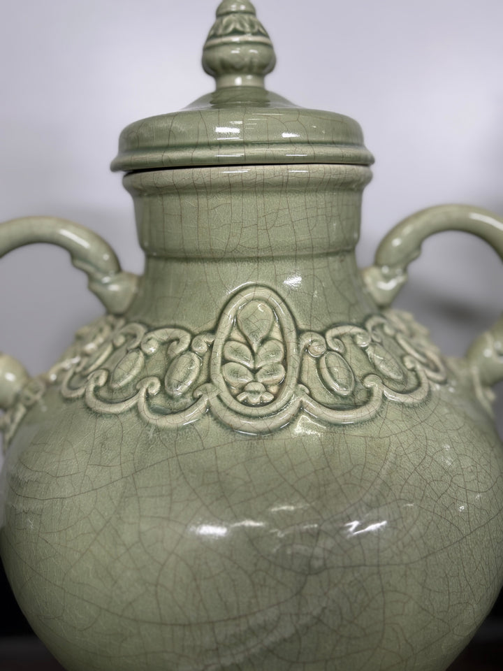 Pair of Celadon Green Ceramic Lidded Urns with Handles