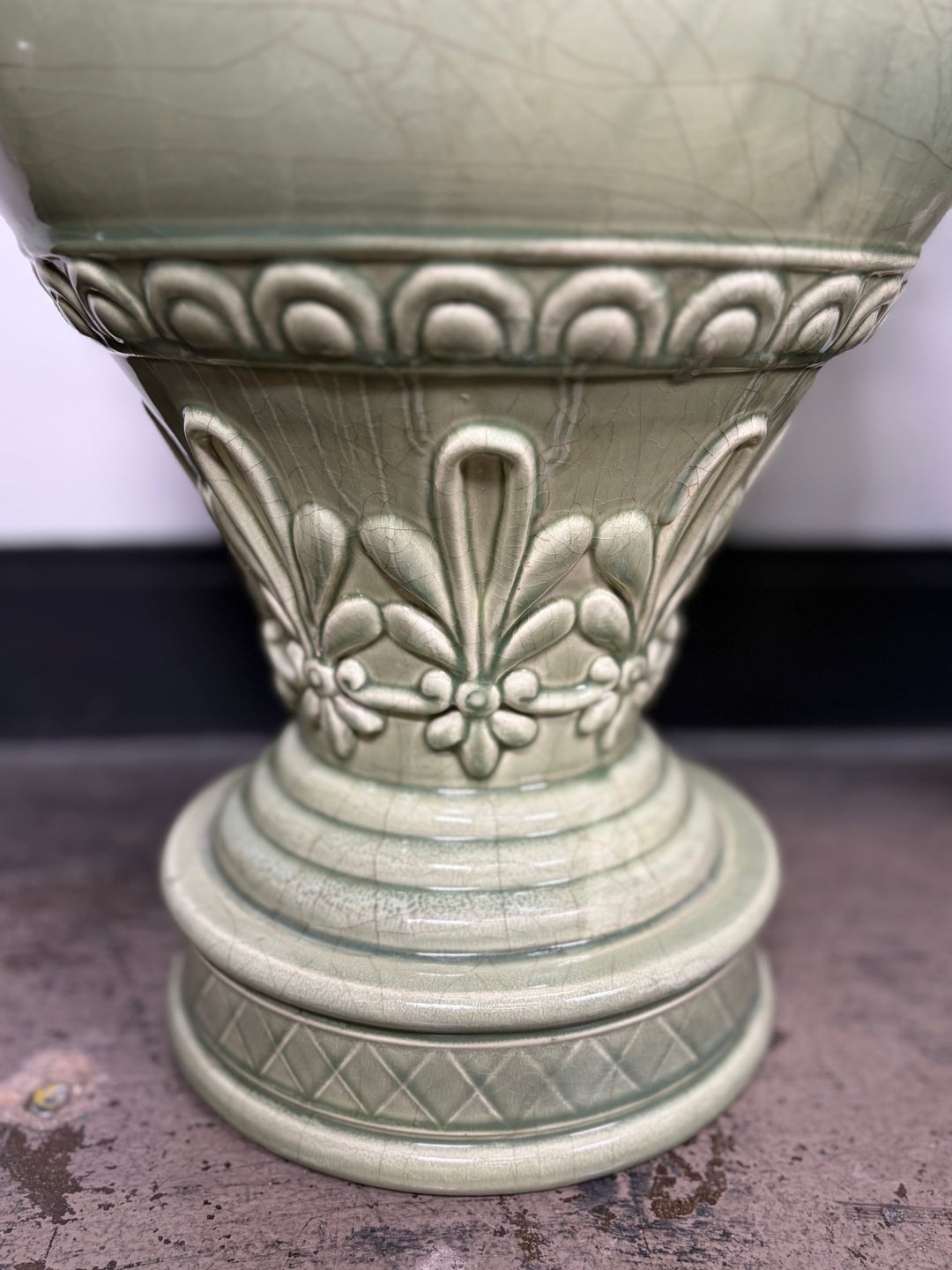 Pair of Celadon Green Ceramic Lidded Urns with Handles