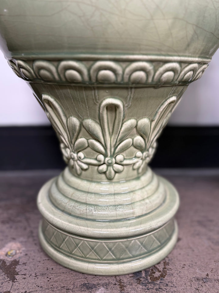 Pair of Celadon Green Ceramic Lidded Urns with Handles