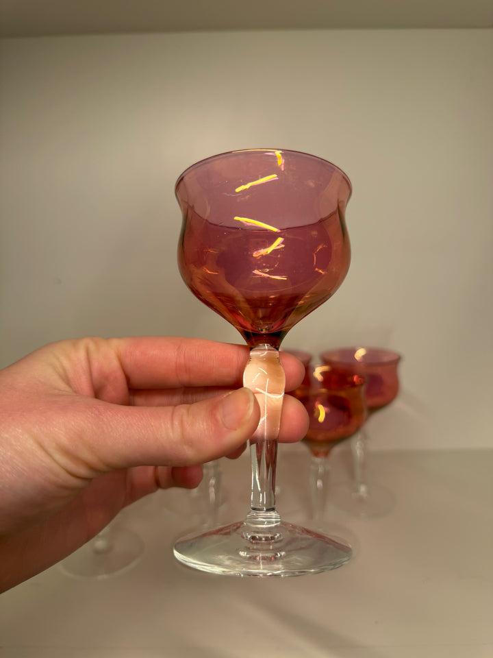 Vintage Cranberry Iridescent Glass Coupes - Set of 8