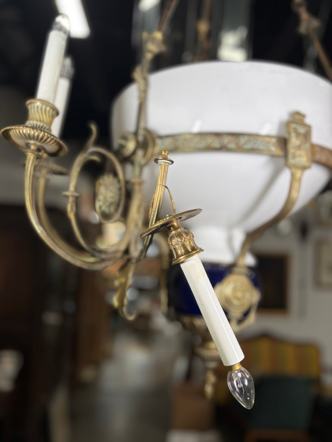 Neoclassical Brass and Cobalt Porcelain Chandelier with Opaline Glass Bowl
