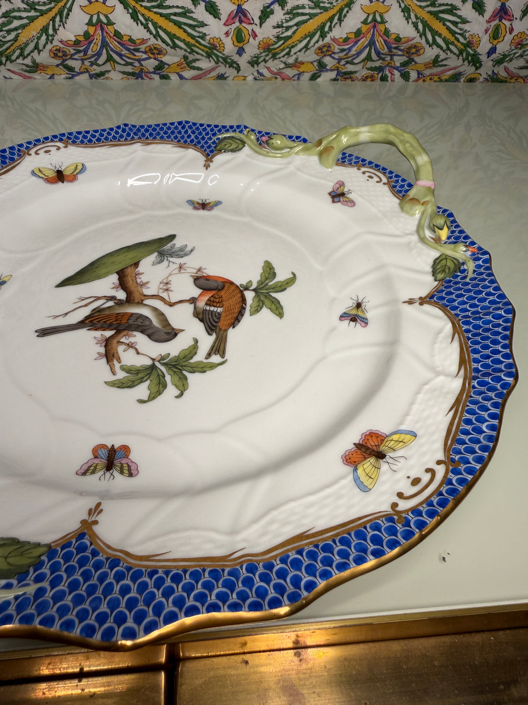 Hand-Painted Porcelain Two-Handled Cake Plate with Birds and Butterflies