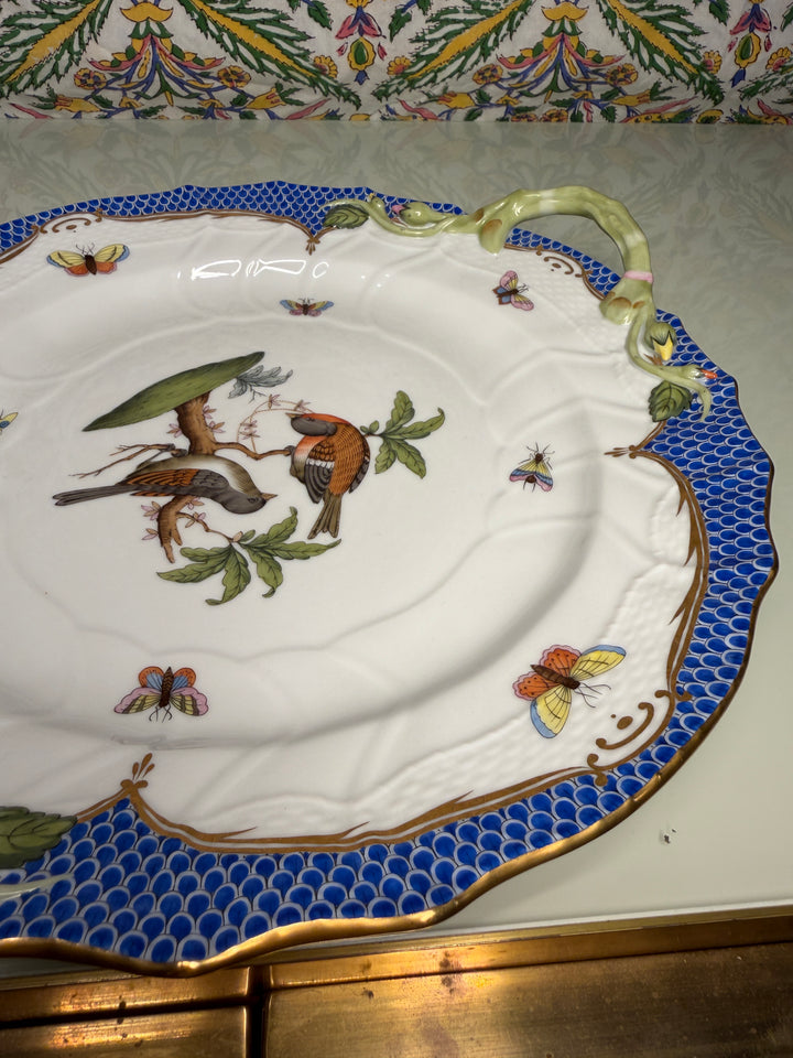Hand-Painted Porcelain Two-Handled Cake Plate with Birds and Butterflies