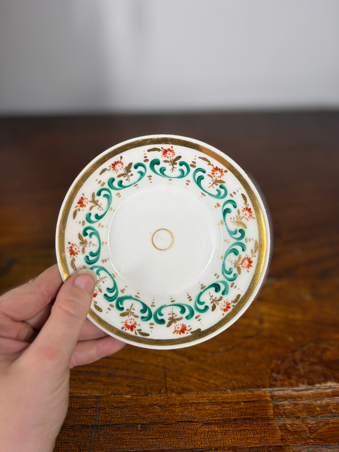 Antique Porcelain Tea/Coffee Service Set with Green Scrollwork & Gilt Decoration