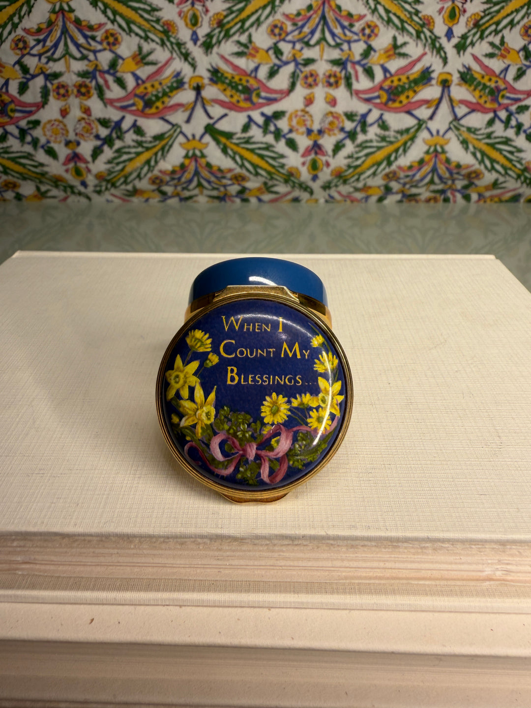 Halcyon Days Blue Enamel Pill Box with 'When I Count My Blessings' Inscription