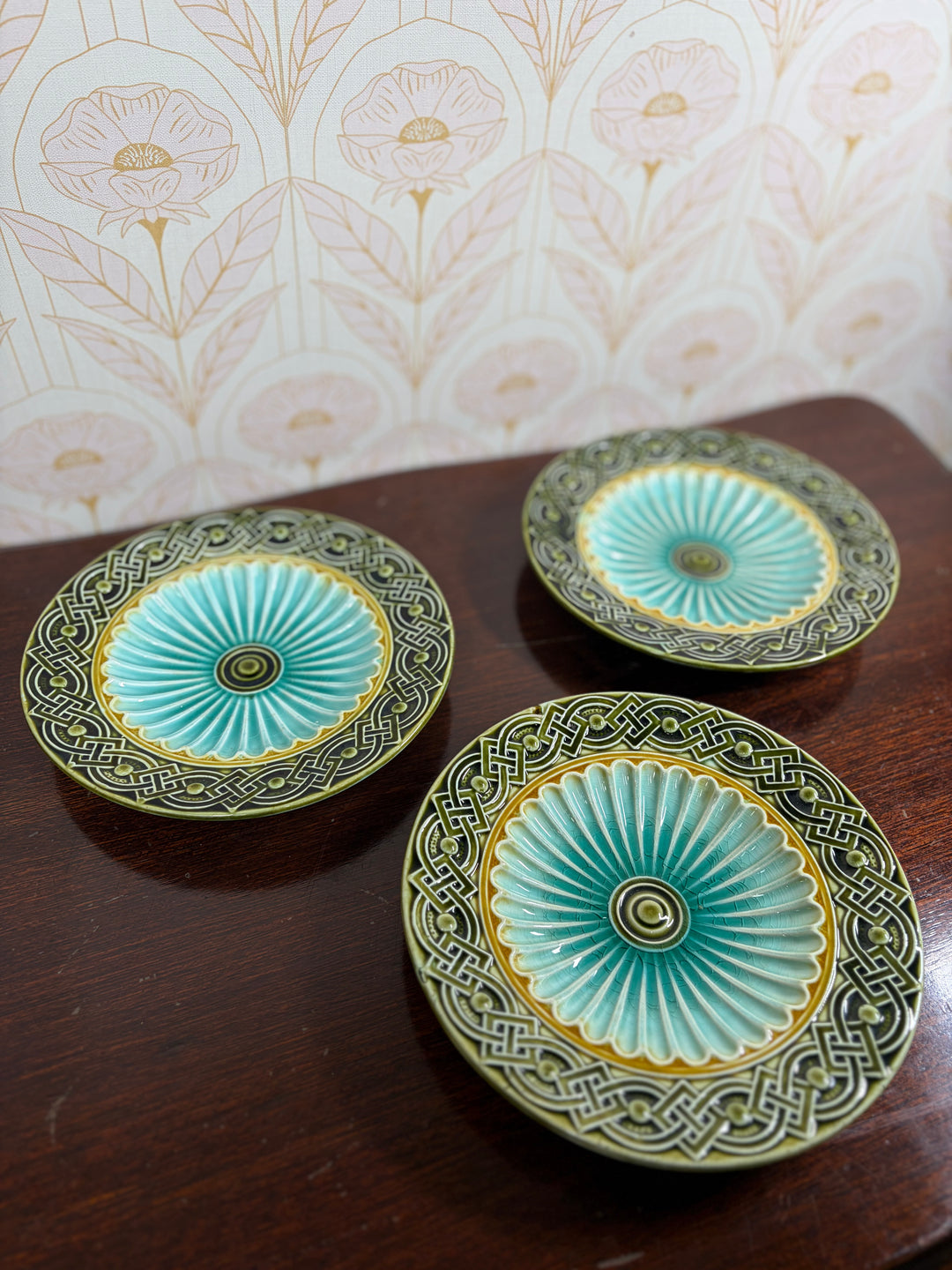 Set of Three Majolica-Style Ceramic Plates with Celtic Knotwork Border