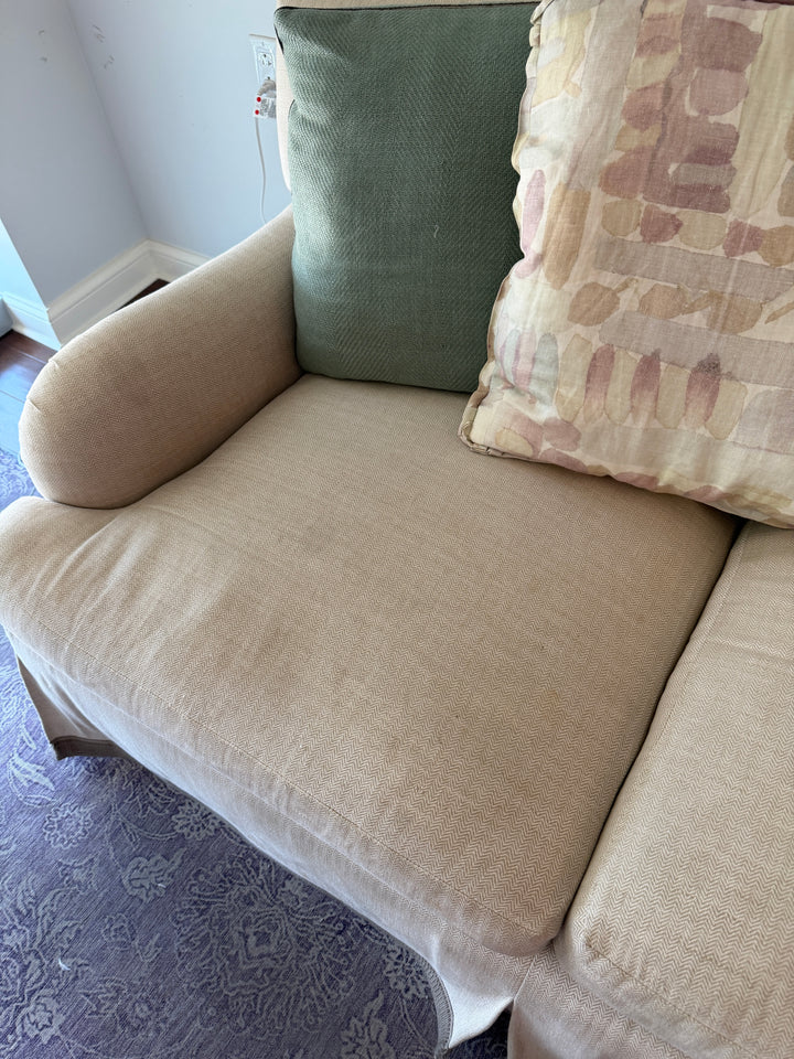 Three-Seat Skirted Sofa in Cream Woven Fabric